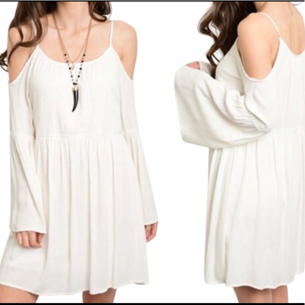Black Friday Special! Boho Bell Sleeve Cold Shoulder Ivory Dress
